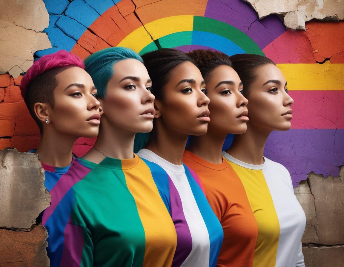 A powerful visual depicting diverse individuals breaking through walls symbolizing traditional gender roles, with vibrant rainbow colors emanating from the cracks. Include symbols of LGBTQ+ advocacy like the pride flag, and representations of transgender experiences, such as gender-neutral symbols and supportive community interactions. The background should be filled with abstract elements that convey unity and strength. super-realistic. vibrant colors. dynamic composition.